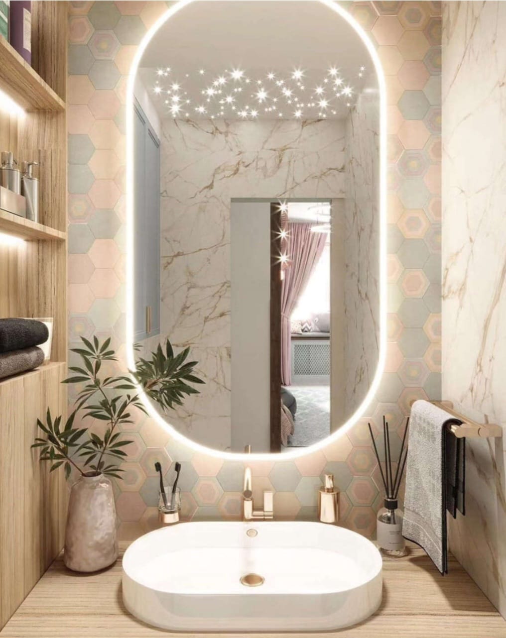 Designer hexagonal wall tiles with oval backlit mirror