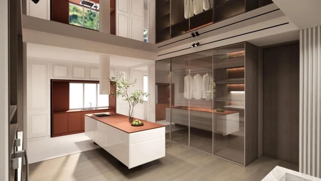 Modern kitchen with island and glass wardrobe shutters