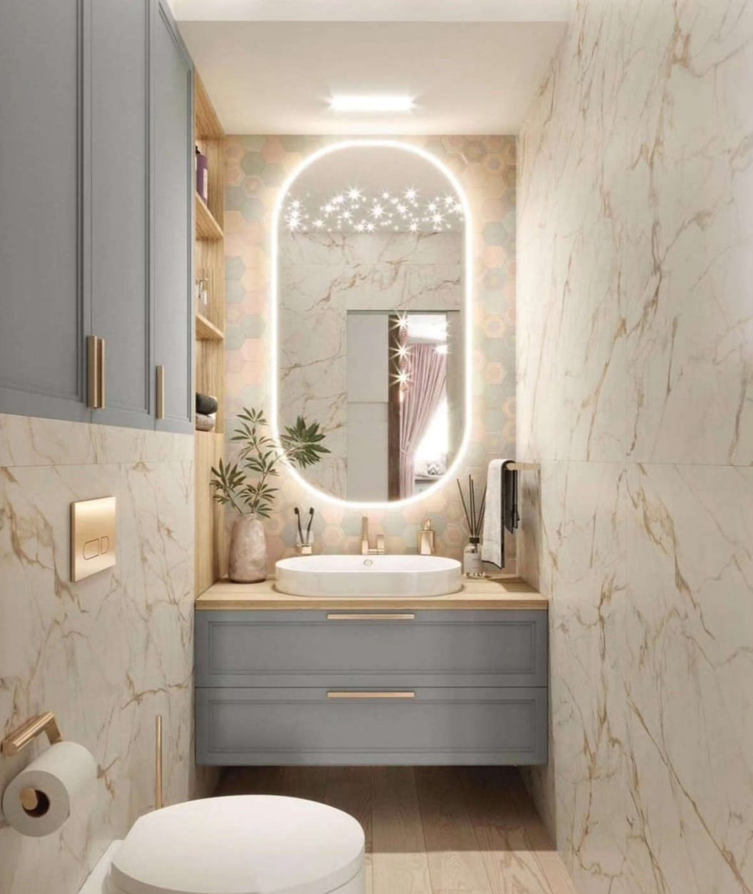 Finished powder bathroom with arch mirror