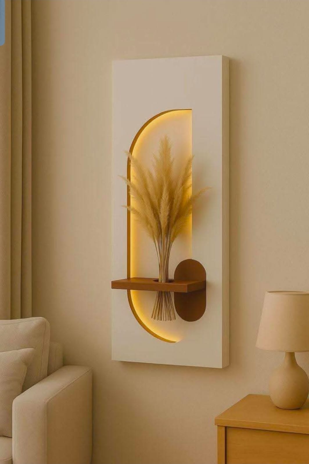 Clean painted wall with arch decor panel and lighting