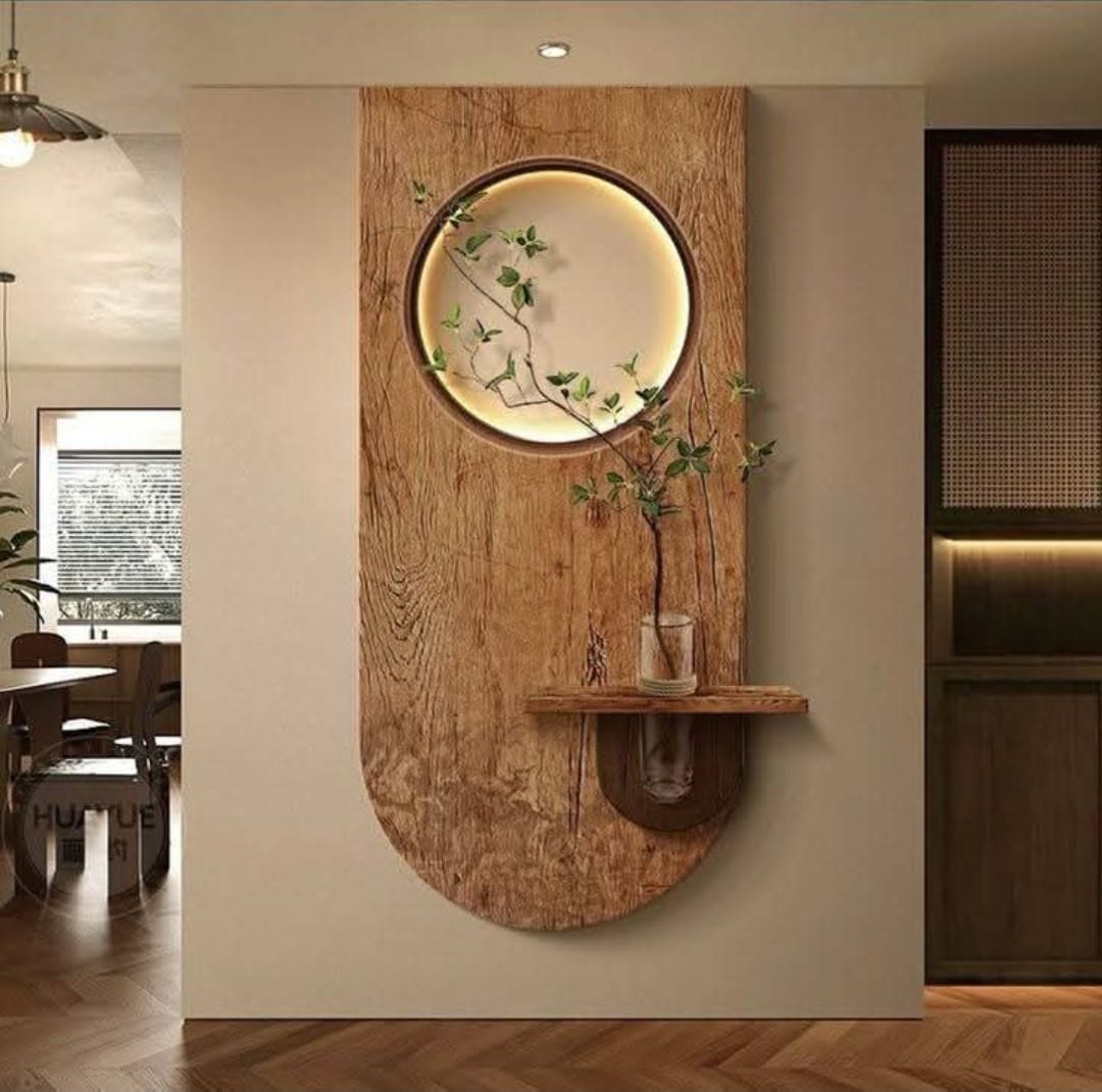 Living room wooden wall panel with backlit round niche